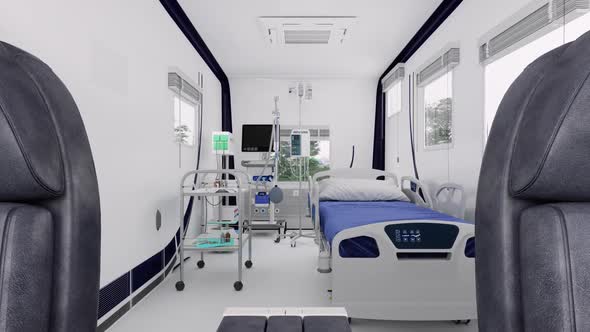 Mobile Hospital Van Interior With Hospital Gurney, Respiratory System And Other Medical Equipments.