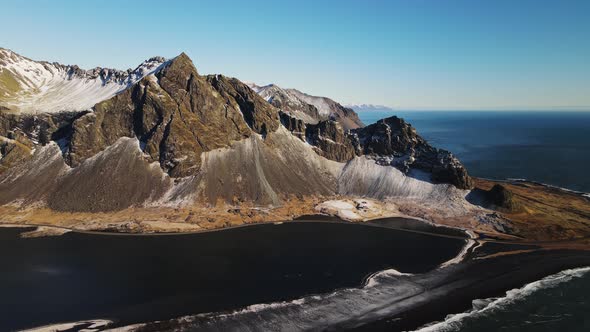 Drone Over Dramatic Landscape With Vestrahorn Mountain