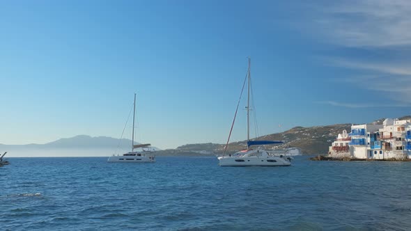 Little Venice in Mykonos, Greece, with Yachts in the Harbor