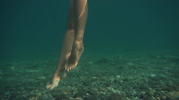 Woman Swimmer Underwater On Sea. Underwater View Bikini Woman. Underwater Woman In Bikini.