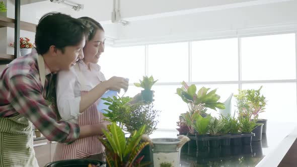 A young Asian couple are planting trees while relaxing at home.