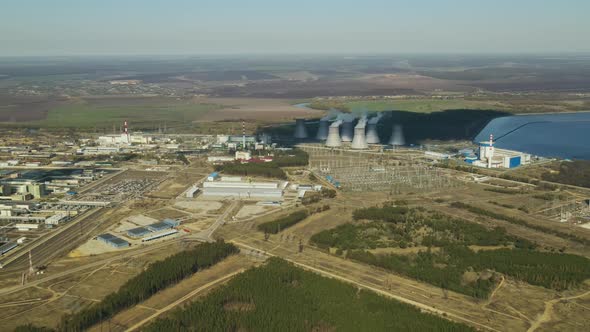 Aerial view of Nuclear power plant production clean energy