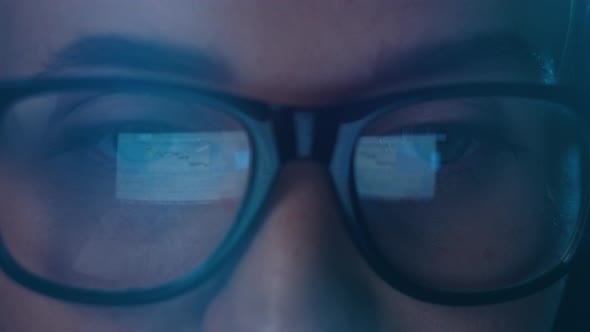 Close Up of Tired Woman Working at Night on Laptop, Girl in Eye Glasses with Reflections Overworking