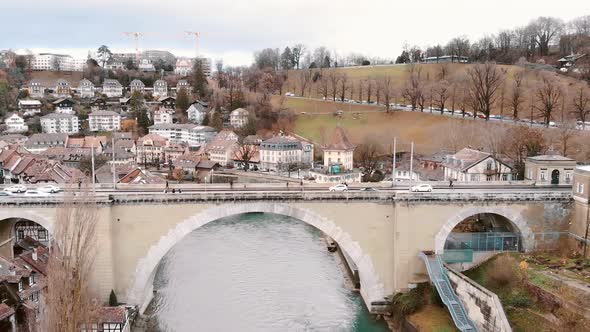 Aerial establishing Pont de Nydegg (Nydeggbrücke Bridge) Bern Switzerland