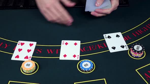 Croupier Deal Cards on Table with Chips, Casino, Slow Motion