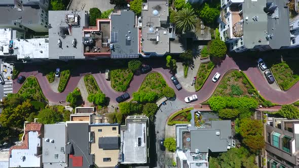 Full Aerial Looking Down at Lombard Street As Cars Drive Through in San Francisco California