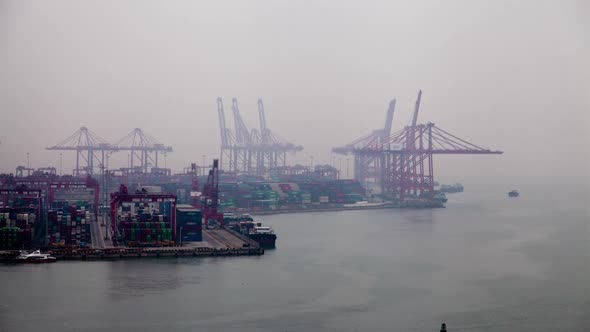 Timelapse Modern Cranes in Port of Shenzhen in Evening Mist