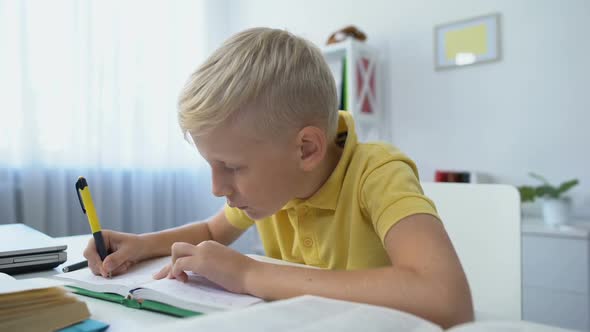 Attentive Schoolboy Doing Homework, Writing Task in Notebook, Distant Education