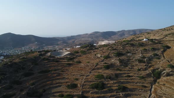 Amphitheater in Mylopotas on the island of Ios in Greece aerial view