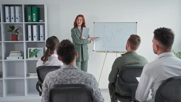 Confident Female Speakercoach Makes Corporate Presentation on Flipchart Teaching Staff in Group