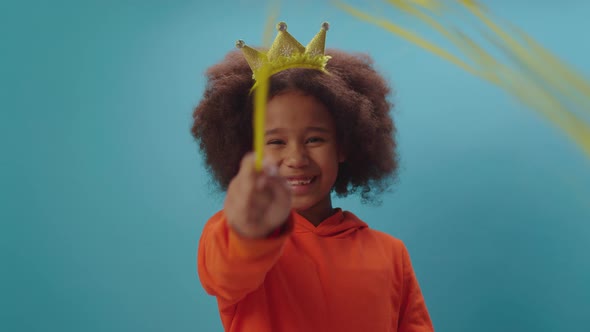 Cute African American girl in crown holding magic wand looking at camera