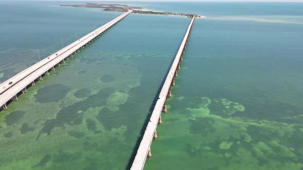 Old Bahia Honda Railroad bridge showing the damage of the most recent hurricane.  Concrete chunks ar