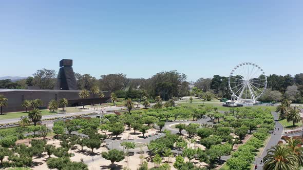 Aerial rising shot of the Music Concourse at Golden Gate Park in San Francisco. 4K