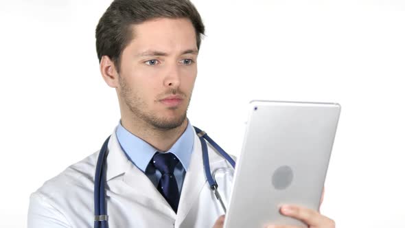 Young Doctor Using Tablet on White Background