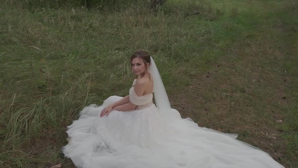 Bride in a Dress Sits on the Grass