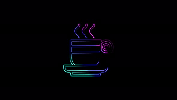 Drink cup icon abstract seamless animation of 4K neon lines. Animation of multicolored neon