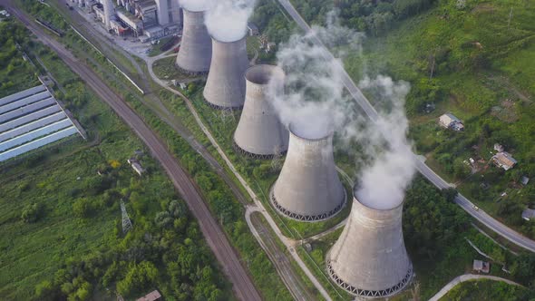 View From the Drone on the Cooling Towers of the Thermal Power Plant