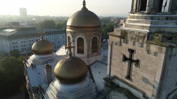 Cathedral of the Assumption on sunrise, Varna Bulgaria. Byzantine style church with golden domes.