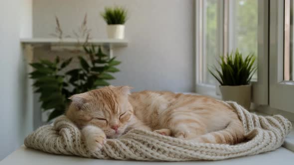 Cute Red Cat Breed Scottish Fold on a Cozy Beige Chunky Knit Scarf