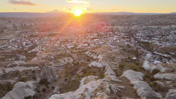 Sun Over Goreme. Cappadocia, Turkey. Aerial View