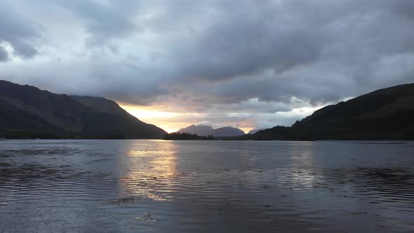 Aerial drone view of Loch Leven in Scotland at sunset