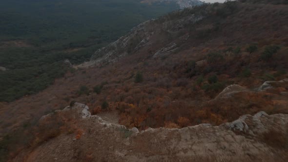 Aerial Shot Group Backpackers Standing on Top of Mountain Ai Petri Natural Valley with Sea at Sunset