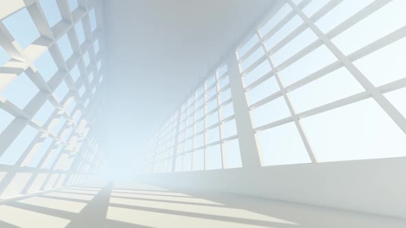 Futuristic Empty White Corridor With Bright Light From Windows