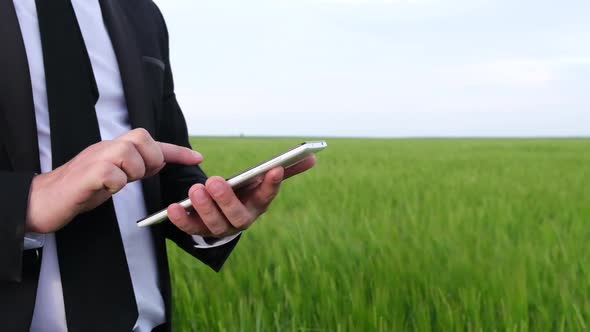 Business Man Working on a Tablet in a Green Field