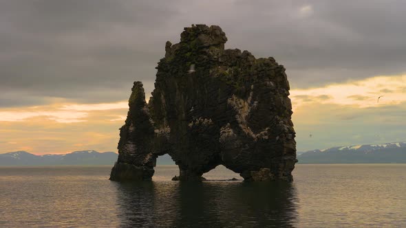Hvitserkur Basalt Stack in Iceland Filmed at Sunset