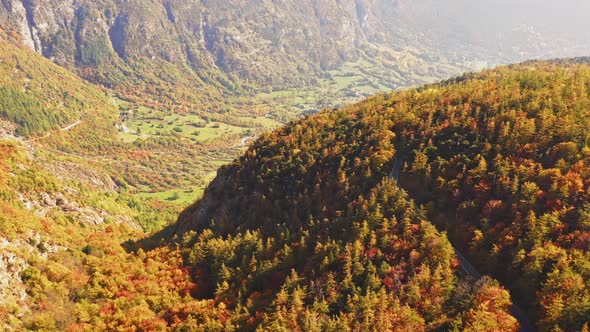 Aerial View of Beautiful Autumn Forest Colored Autumn Colors Trees Mountain Range in Background