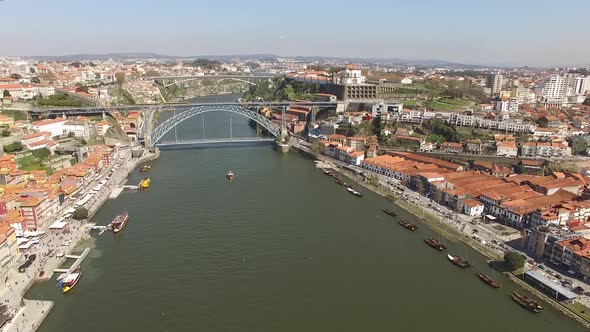 Aerial View of River Douro Surrounded by the Cities of Porto and Vila Nova de Gaia, Portugal