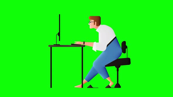 Cartoon Man working on computer. alt