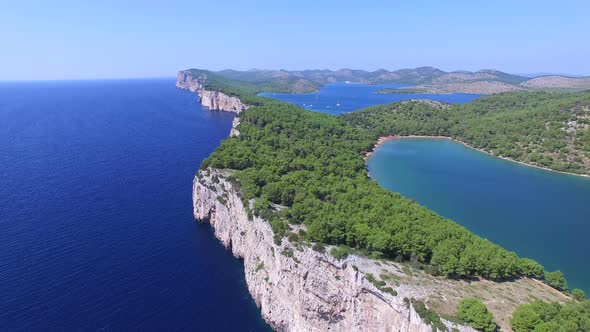 Panoramic view of cliffs and a beautiful salty lake on Dalmatian coast