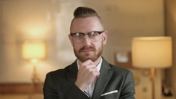 Close Up Of Happy Handsome Man In Glassess Looking To Camera. People Portraits. Concept Of Emotions