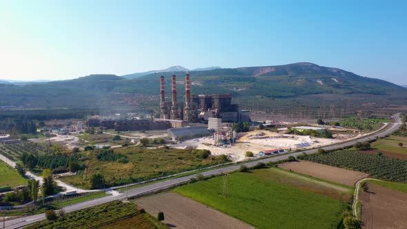 Aerial Panoramic View of Manufacturing Plant in Nature Landscape