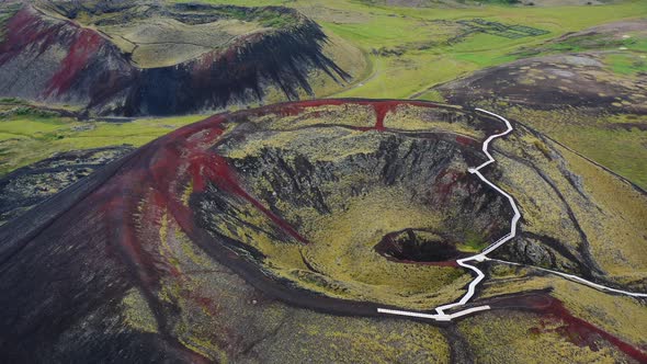 Aerial Drone Circle Flight Over Grabrok Crater Iceland