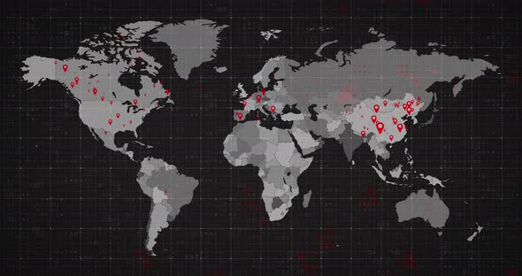 Animation of the world map and countries turning red through circles in a dark background