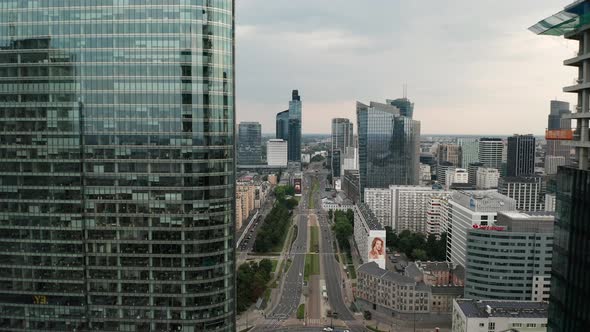 Aerial view of the Wola district in the center of Warsaw with the ONZ roundabout and scyscrapers in