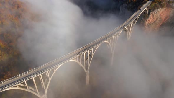 Aerial Video of the Magnificent Djurdjevica Bridge Over the Tara River Canyon in the Northern Part