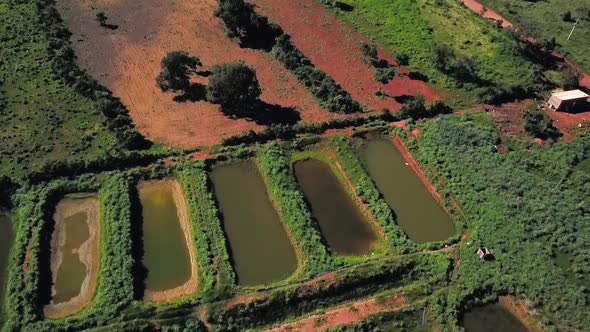 Drone descending over a group of fishing ponds on a fish farm in rural Brazil