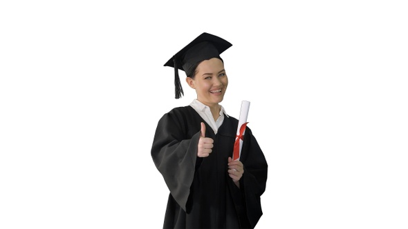 Happy graduate woman holding diploma and thumb up on white