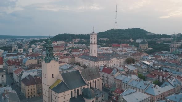 Aerial City Lviv, Ukraine. European City. Popular Areas of the City. Town Hall