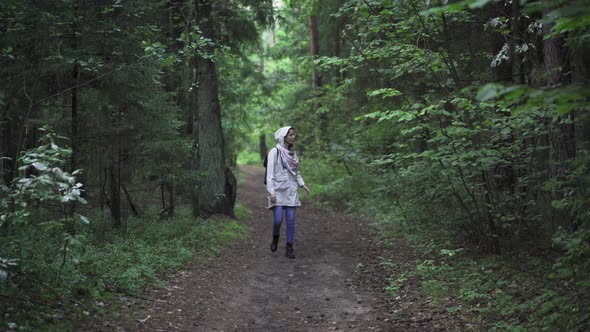 Traveler Hiking On Forest Path