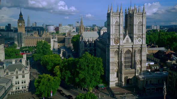 Aerial view of London including Westminster Abbey and Big Ben. Major sights included in this view ar