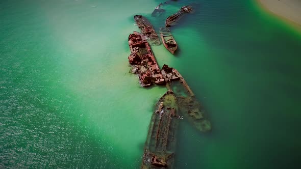 Aerial view of Moreton island shipwrecks in Australia.