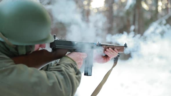 Slow Motion Soldier Dressed As USA Infantry Soldier Of World War II Aiming And Shooting From