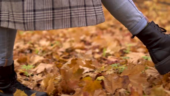 Goes on Fallen leavesA Woman Walks Along the Yellow Fallen Leaves in the Autumn Forest. Legs Close