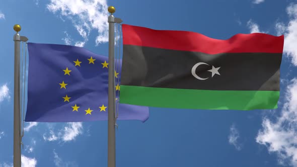 European Union Flag Vs Libya Flag On Flagpole