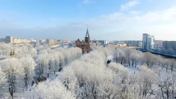 Aerial view of the Cathedral in Kaliningrad in the wintertime