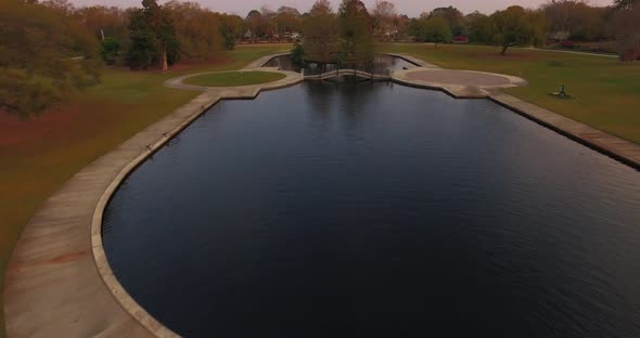 Elegant pond with fountain in a park in Charleston